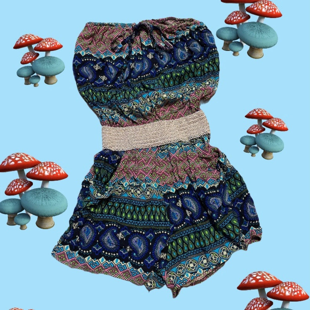 Boho tropical romper with cinched belt attached